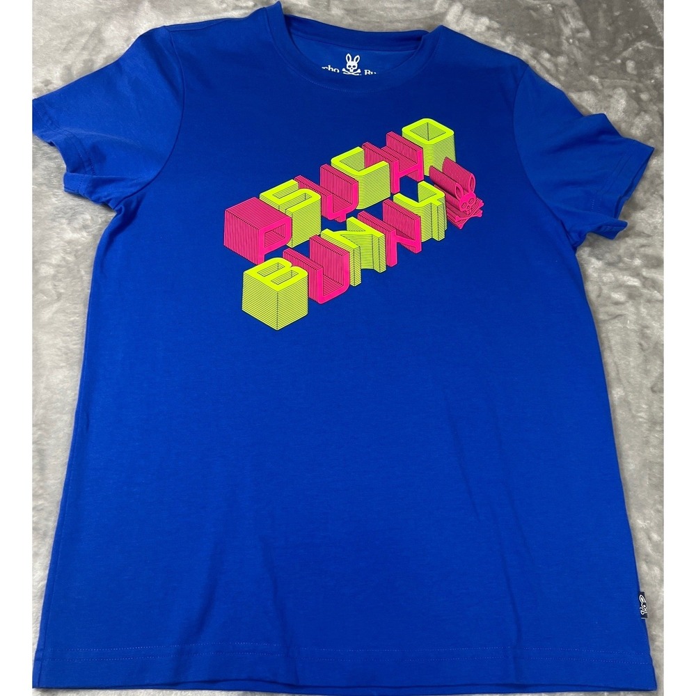 Psycho Bunny Mens Royal Blue Pima Cotton Neon 3D Graphic Tee Small - Picture 1 of 8